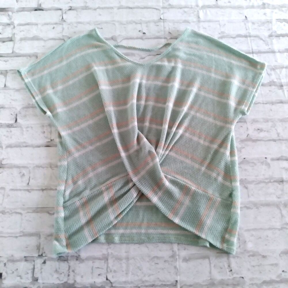 Wild Love Top Womens Medium Striped Short Sleeve V Neck Knit Twist Knot Front